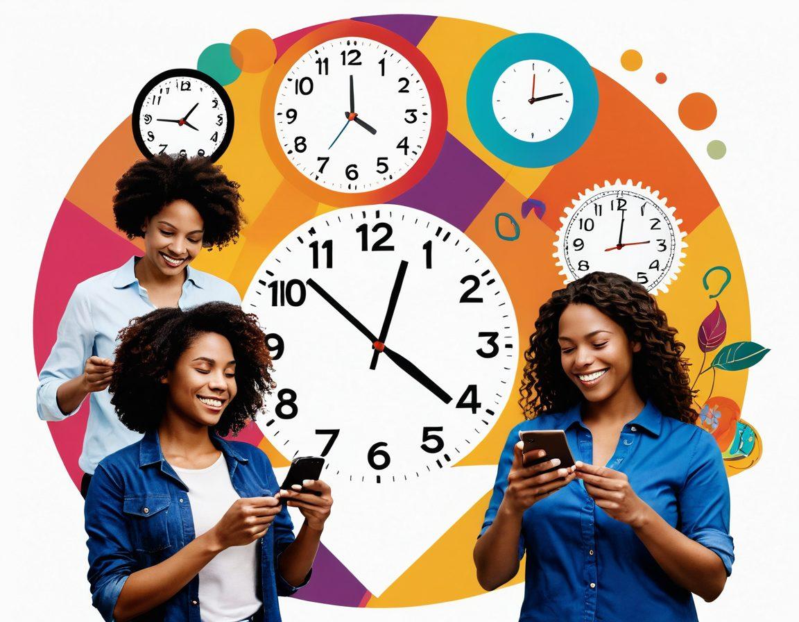 A collage of diverse people engaging in various activities reflecting time tracking, such as writing a to-do list, using a smartphone timer, and sharing moments with family. In the background, a clock symbolizes the passage of time, with vibrant colors illustrating different times of day. Incorporate visual elements like calendars and clock gears to enhance the theme of transformation. The overall mood is warm and inviting, fostering connection among individuals. super-realistic. vibrant colors. white background.
