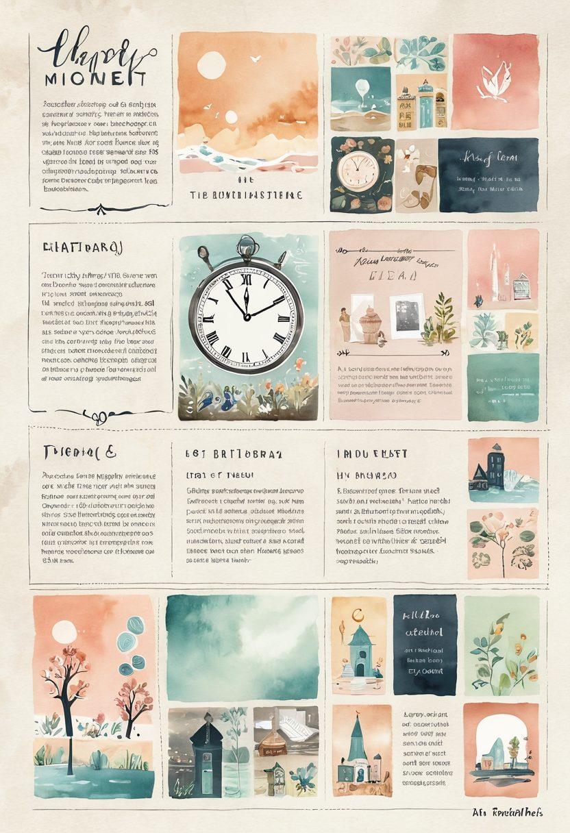 A beautifully illustrated timeline weaving through various significant life events, such as birthdays, weddings, and graduations, represented by captivating icons. The background features a soft, pastel color palette with detailed textures symbolizing the passage of time. Include elements like a digital journal, a clock, and a pen to emphasize the online aspect of journaling. The overall vibe should be warm and inviting, inspiring viewers to craft their own stories. watercolor style. soft hues.